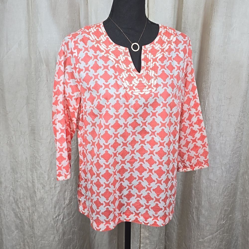 Talbots Orange Argyle 3/4 Sleeve Cotton Top